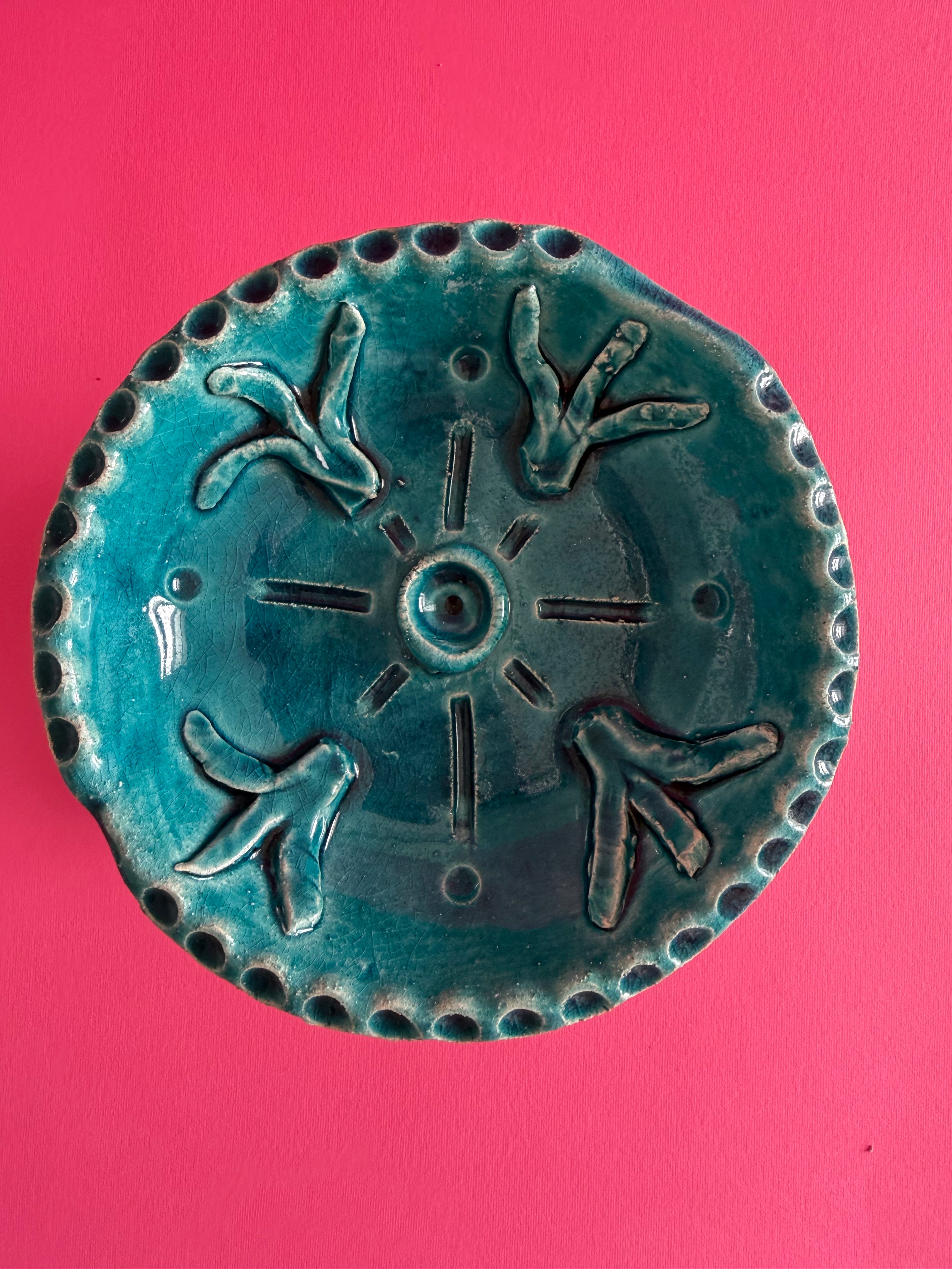INTERMEDIUS - alzata blu con raggiera a graffio e fiori marini
